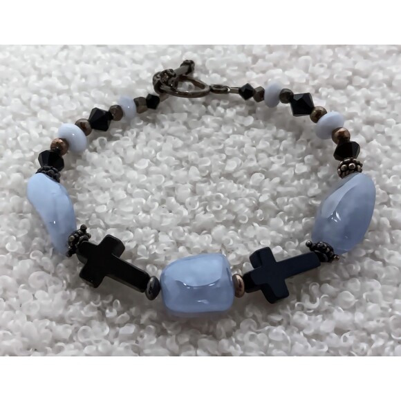 Artisan Sterling Silver Blue Lace Agate & Black Onyx Cross Bracelet 7.5 in - Picture 5 of 11